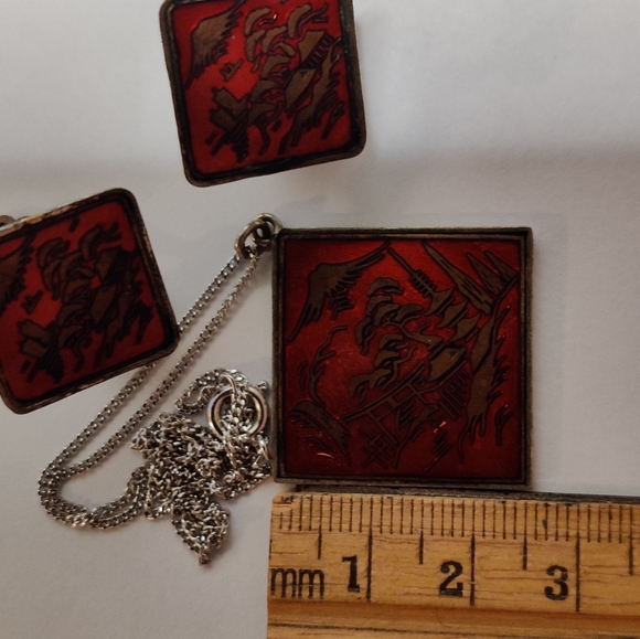Vintage Japan Enamel Damascene Style Necklace and Earrings Set - Picture 10 of 15